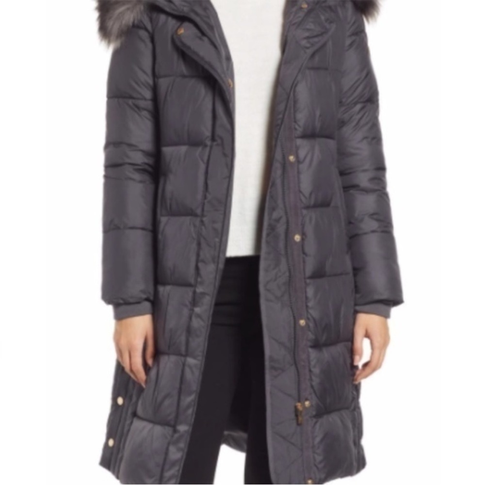 Via Spiga Grey Winter Coat with Faux Fur Trim Removable Hood | Size Medium - Picture 3 of 16